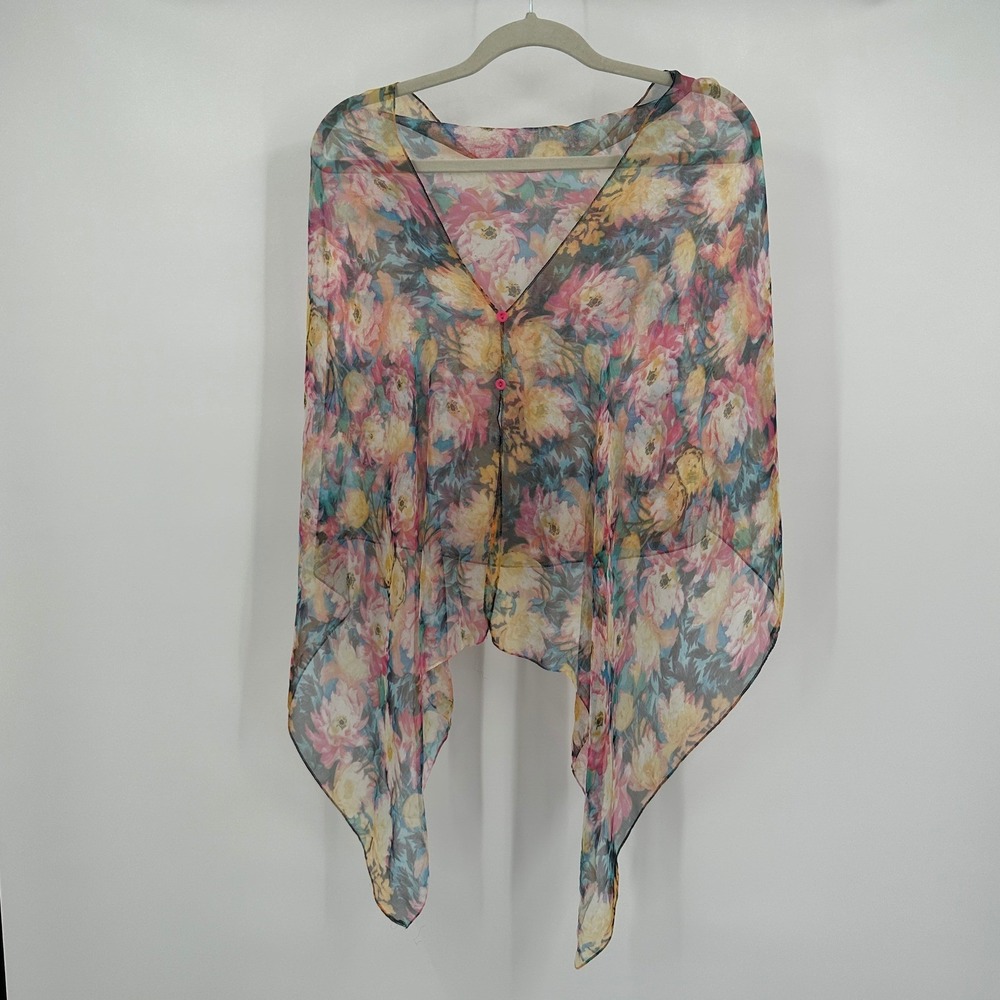 Womens Boho Floral Sheer Poncho Top OS Ethereal Fairy Romantic Colorful Flowy